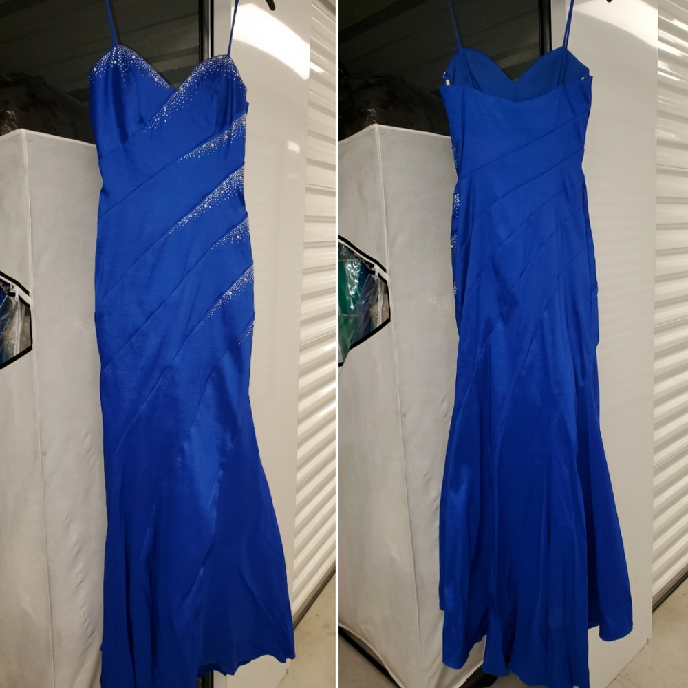 Royal blue gown embellished with rhinestones